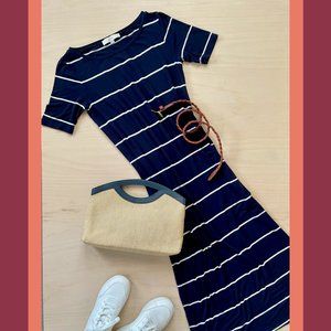 LOFT Navy and White Striped Jersey Maxi Dress